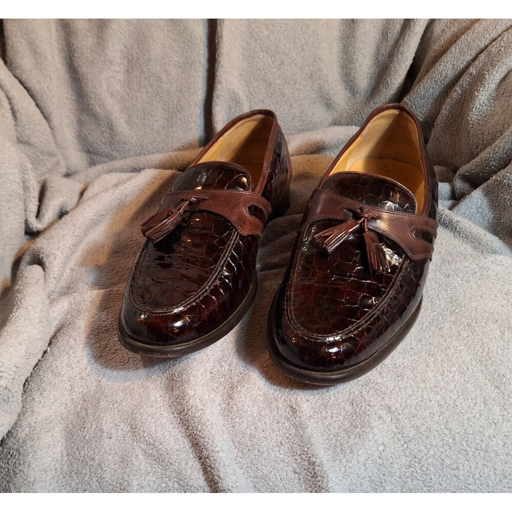 Johnston & Murphy Mixon 15 1950 Brown Leather Croc Mens Loafer 11M Tassel Italy